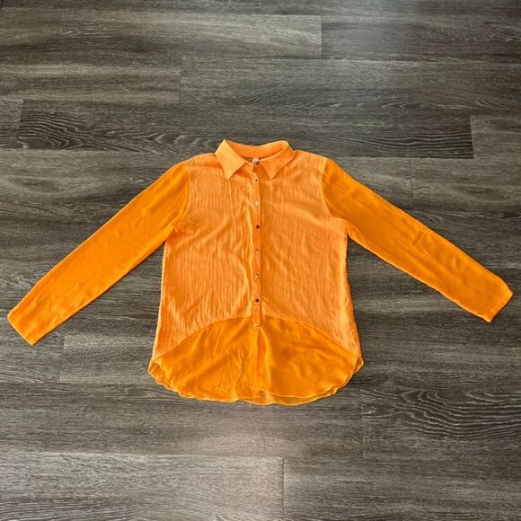 GUC Bailey 44 Cotton Silk High-Low Blouse Orange Sz S Sheer Sleeve Collared Top - Picture 12 of 15